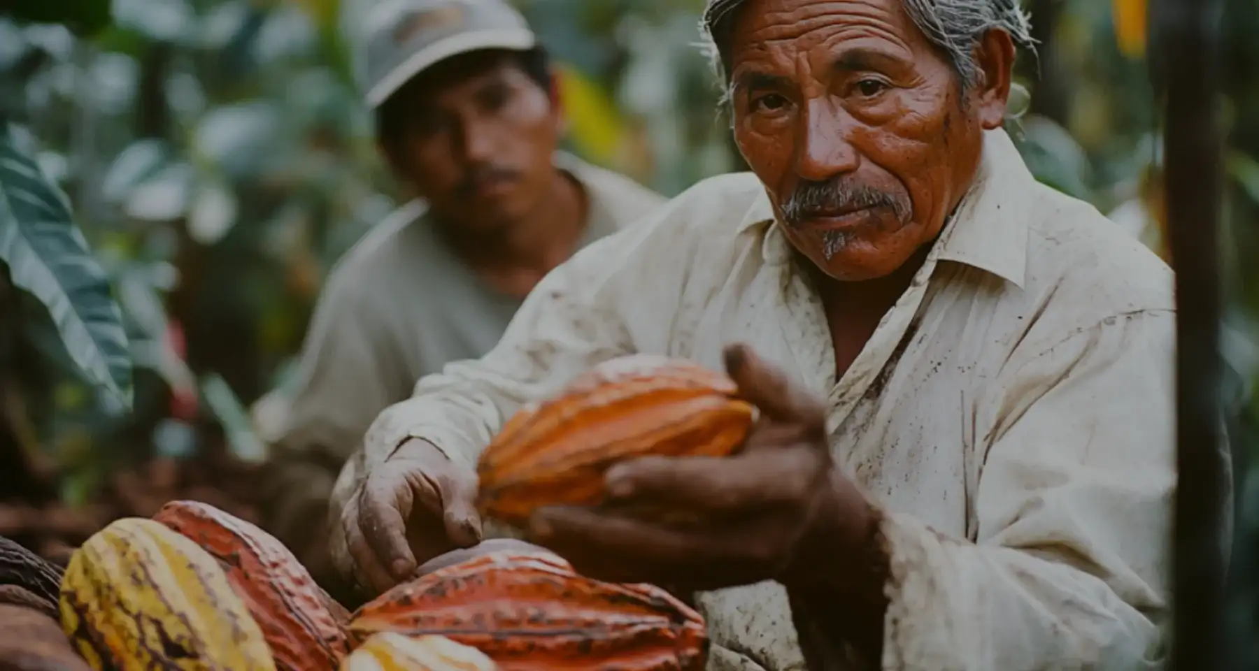 Two men inspecting cocoa pods in a lush, outdoor setting.